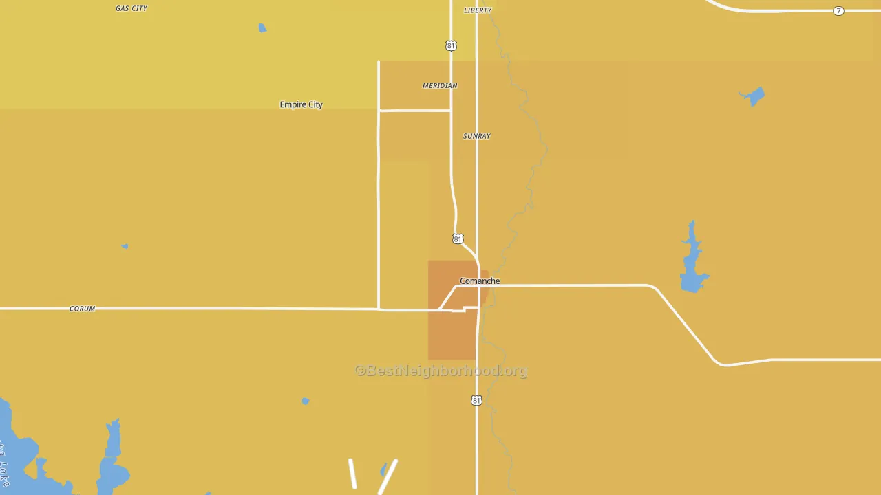 Map of the best neighborhoods in the 73529 area, with better matches in green and worse matches in red