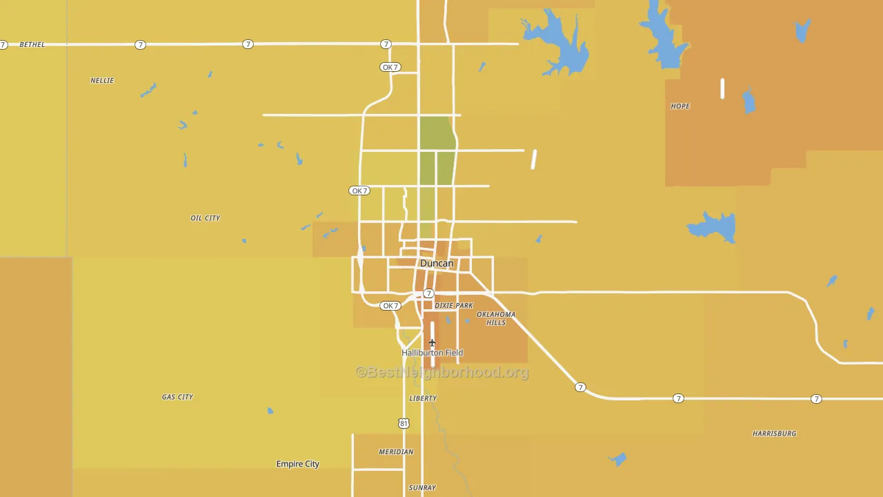 Map of the best neighborhoods in the 73533 area, with better matches in green and worse matches in red