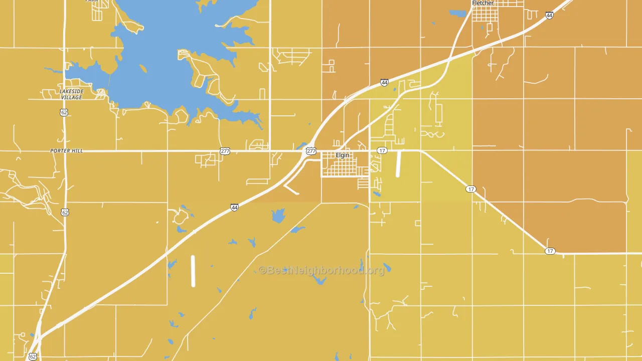 Map of the best neighborhoods in the 73538 area, with better matches in green and worse matches in red