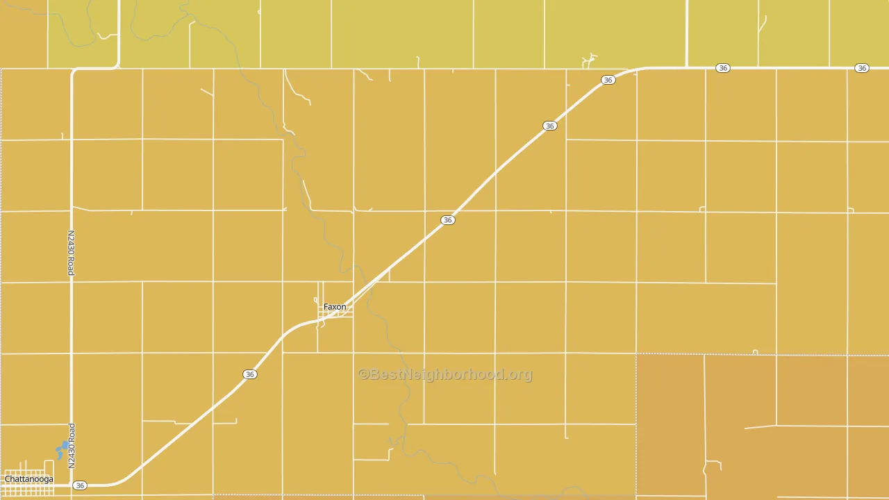 Map of the best neighborhoods in the 73540 area, with better matches in green and worse matches in red