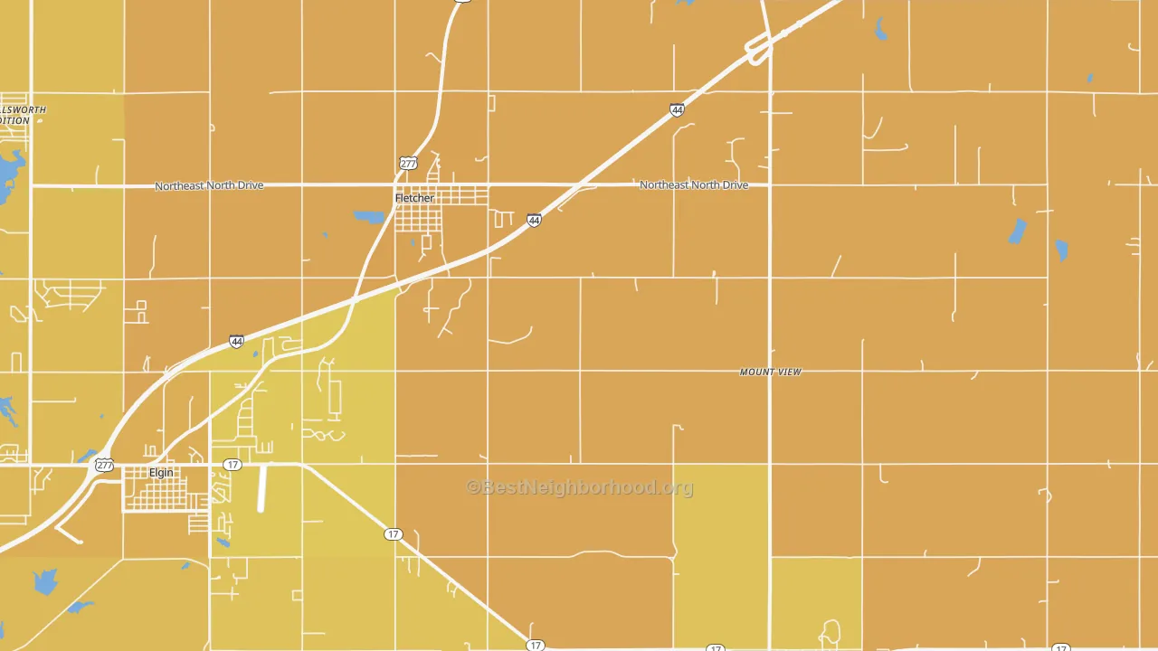 Map of the best neighborhoods in the 73541 area, with better matches in green and worse matches in red
