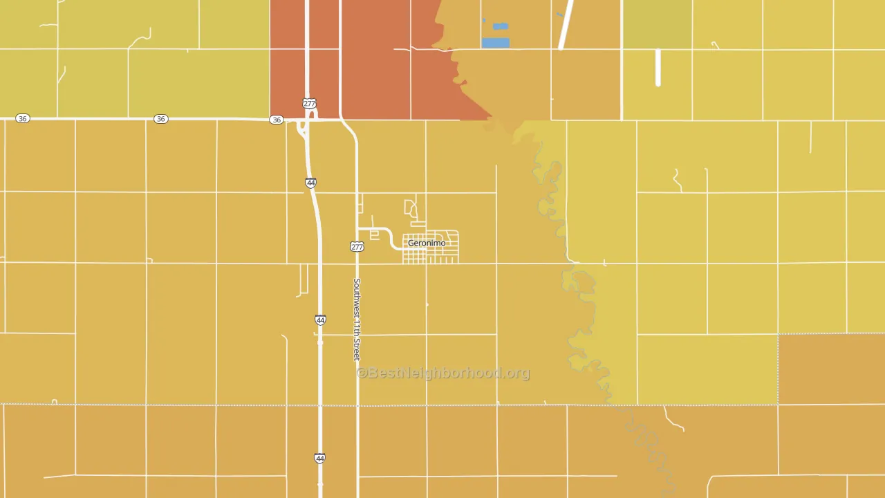 Map of the best neighborhoods in the 73543 area, with better matches in green and worse matches in red