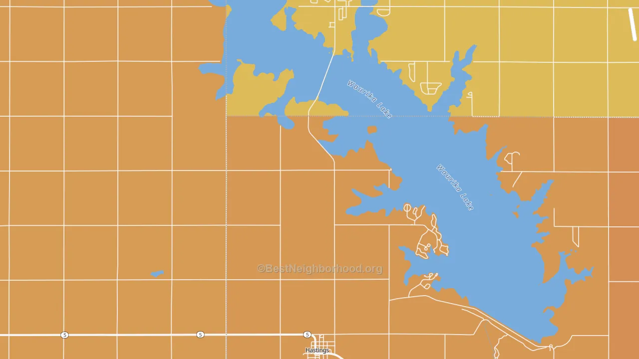 Map of the best neighborhoods in the 73548 area, with better matches in green and worse matches in red