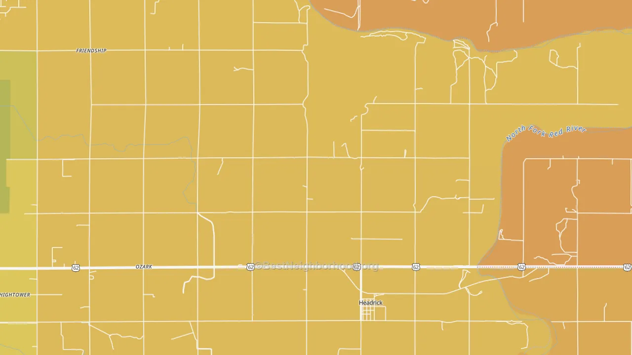 Map of the best neighborhoods in the 73549 area, with better matches in green and worse matches in red