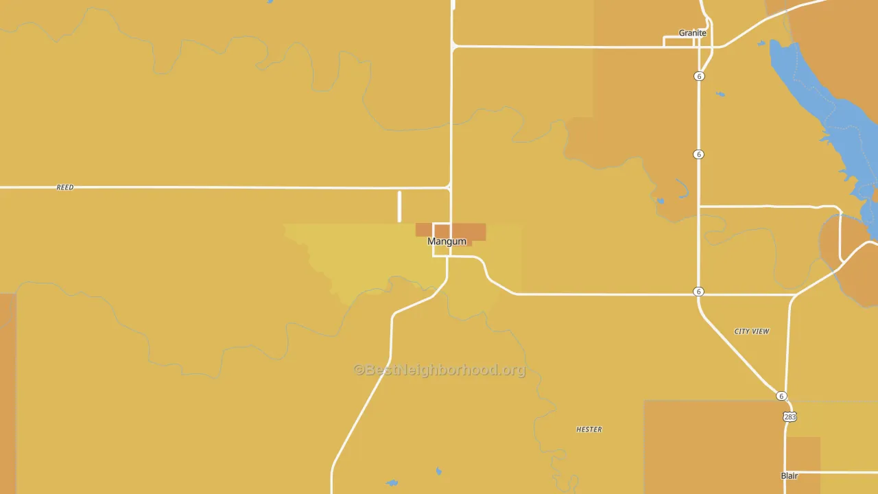 Map of the best neighborhoods in the 73554 area, with better matches in green and worse matches in red