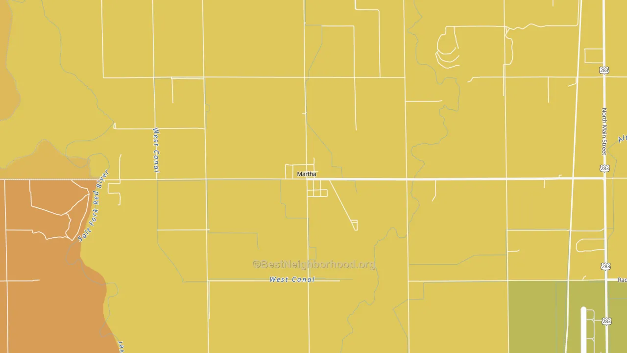 Map of the best neighborhoods in the 73556 area, with better matches in green and worse matches in red