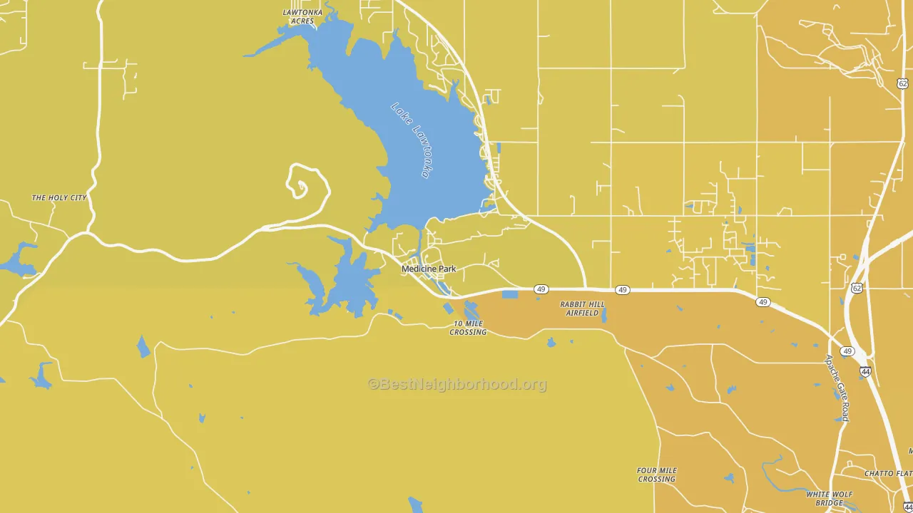 Map of the best neighborhoods in the 73557 area, with better matches in green and worse matches in red