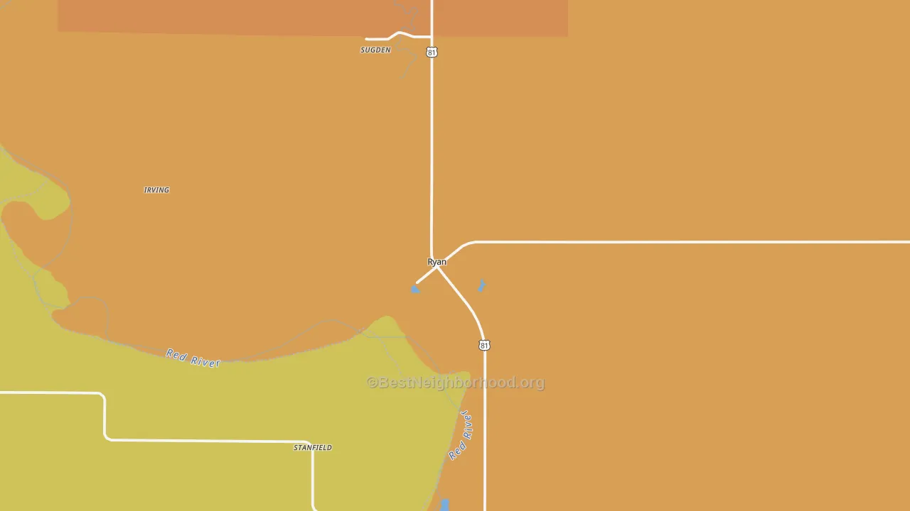 Map of the best neighborhoods in the 73565 area, with better matches in green and worse matches in red
