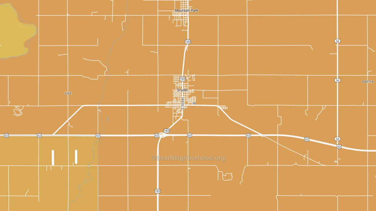 Map of the best neighborhoods in the 73566 area, with better matches in green and worse matches in red