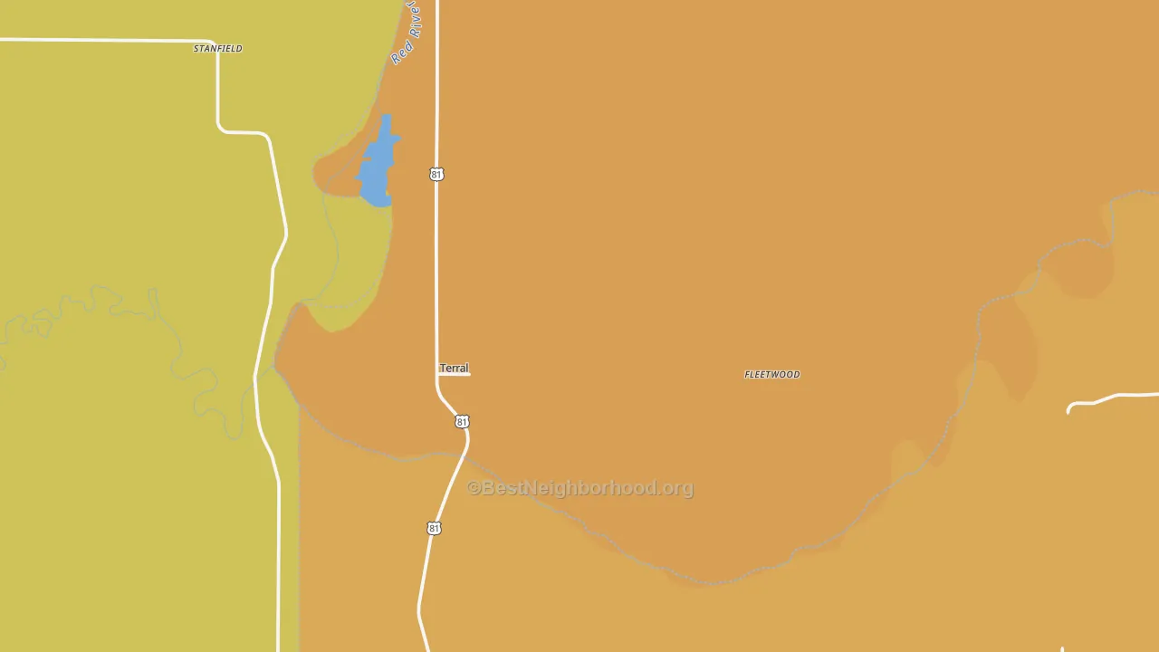 Map of the best neighborhoods in the 73569 area, with better matches in green and worse matches in red