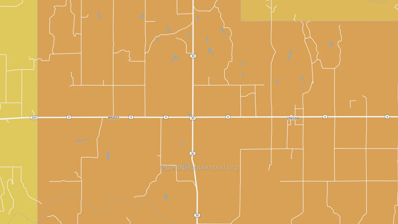 Map of the best neighborhoods in the 73571 area, with better matches in green and worse matches in red