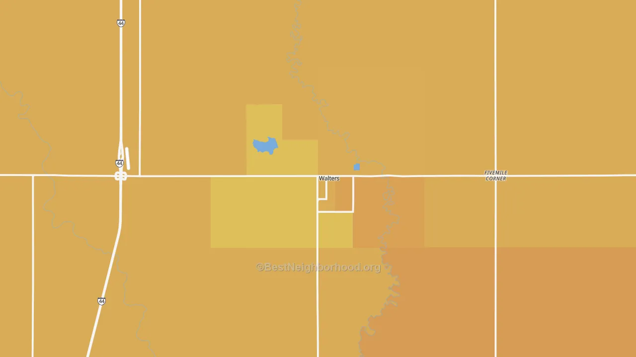 Map of the best neighborhoods in the 73572 area, with better matches in green and worse matches in red