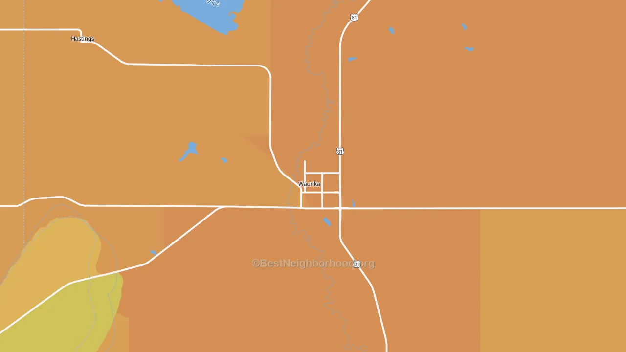Map of the best neighborhoods in the 73573 area, with better matches in green and worse matches in red