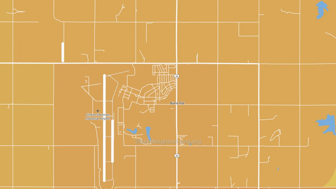 Map of the best neighborhoods in the 73624 area, with better matches in green and worse matches in red