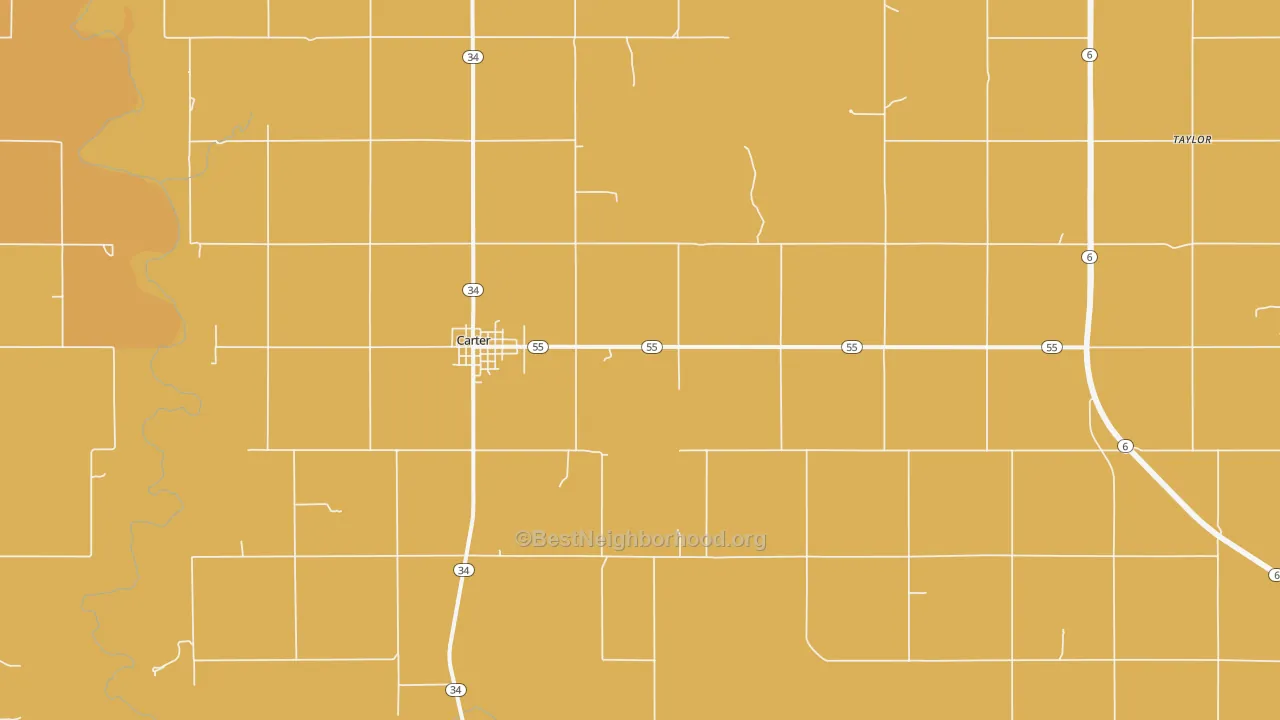 Map of the best neighborhoods in the 73627 area, with better matches in green and worse matches in red