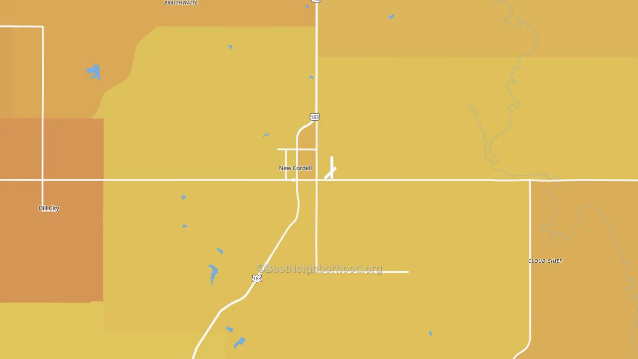 Map of the best neighborhoods in the 73632 area, with better matches in green and worse matches in red