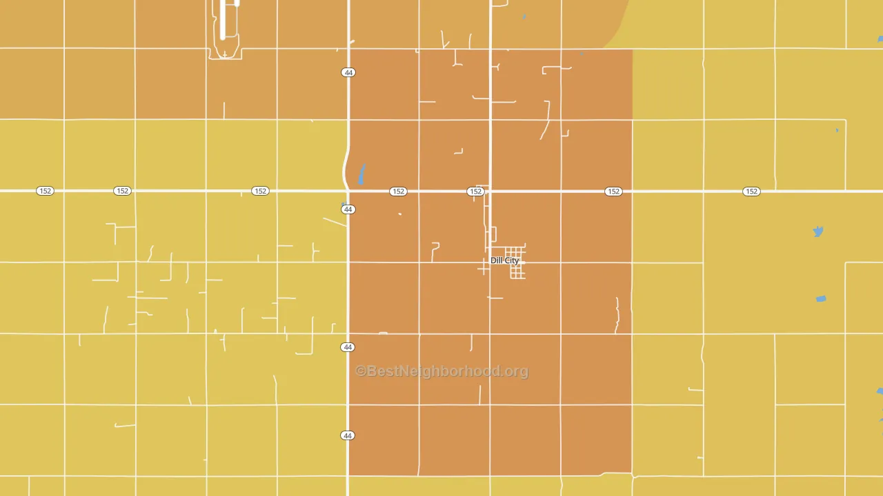 Map of the best neighborhoods in the 73641 area, with better matches in green and worse matches in red