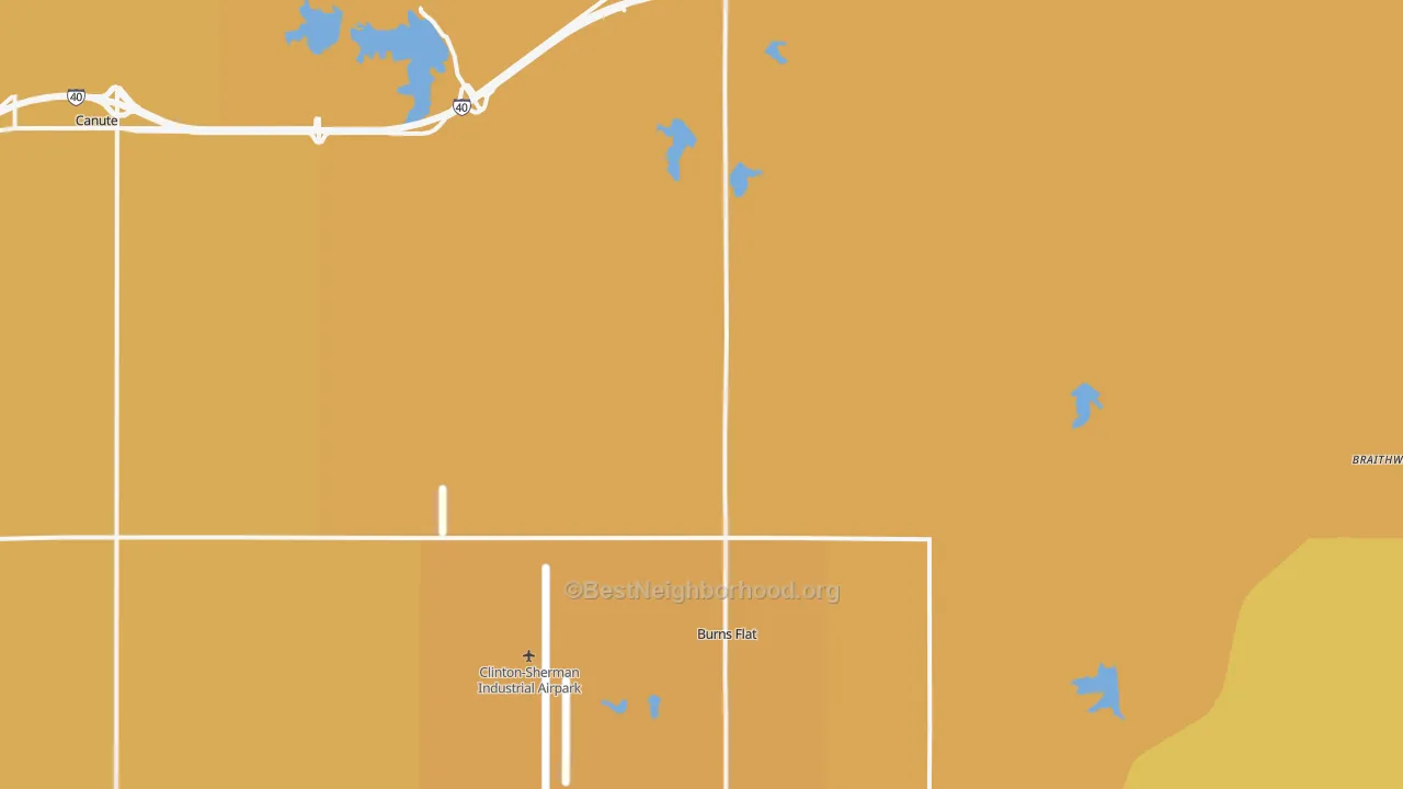 Map of the best neighborhoods in the 73647 area, with better matches in green and worse matches in red