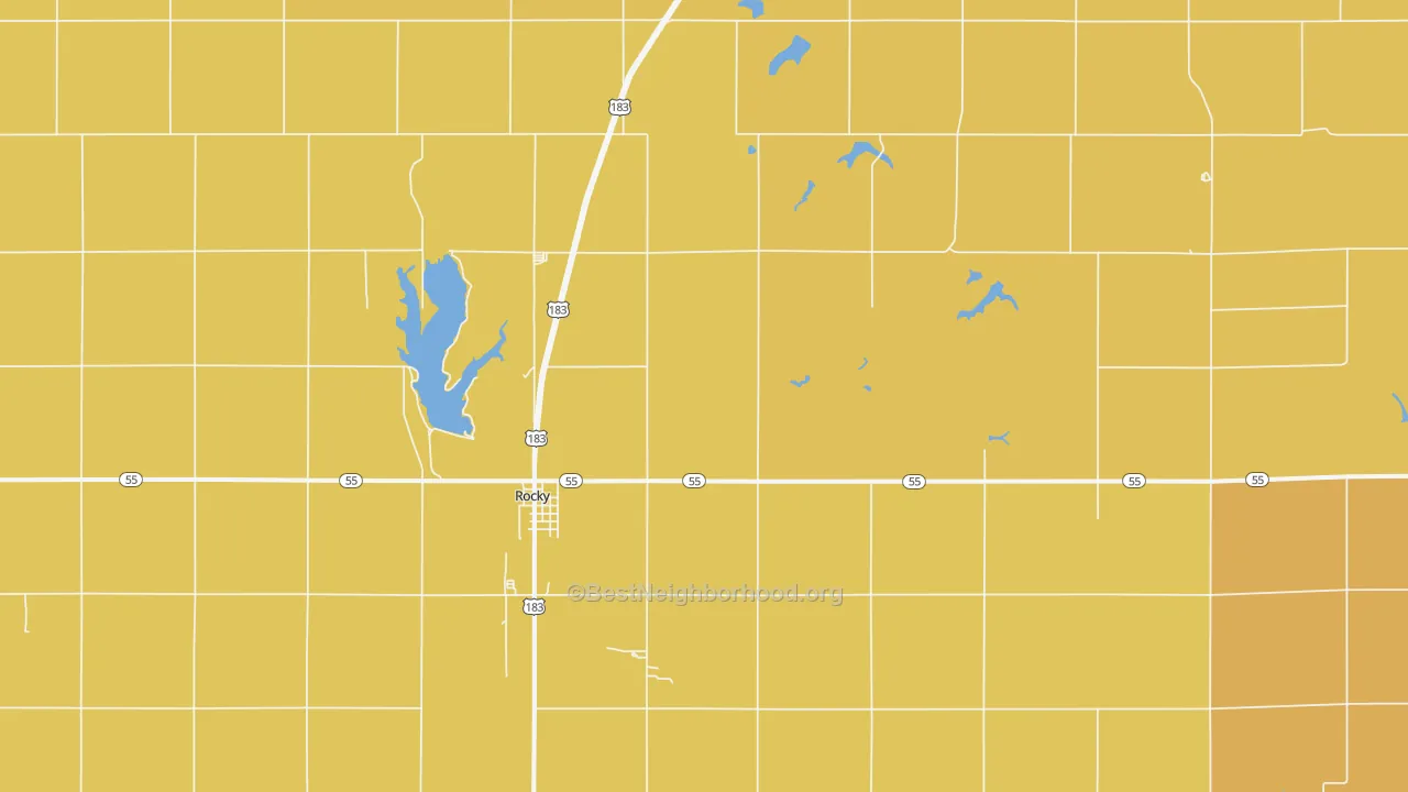 Map of the best neighborhoods in the 73661 area, with better matches in green and worse matches in red