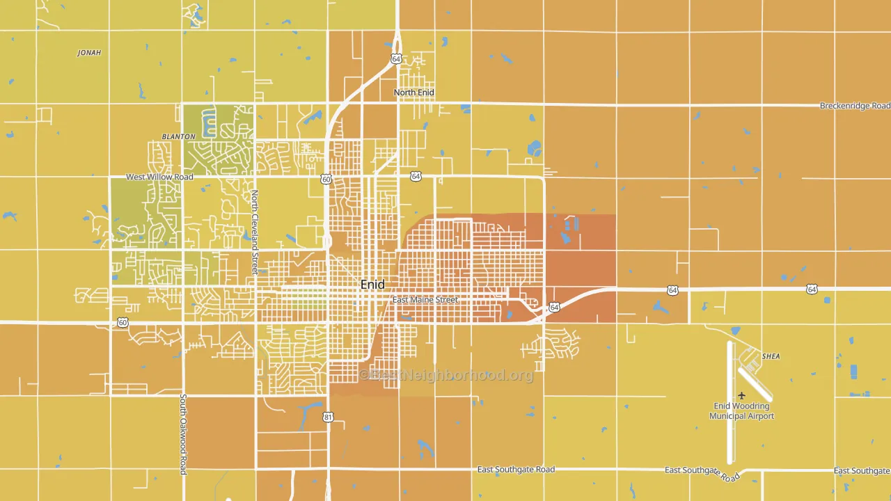 Map of the best neighborhoods in the 73701 area, with better matches in green and worse matches in red