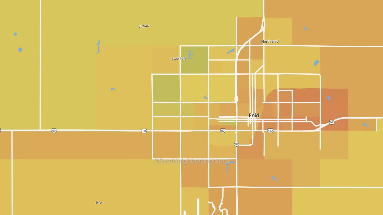 Map of the best neighborhoods in the 73703 area, with better matches in green and worse matches in red