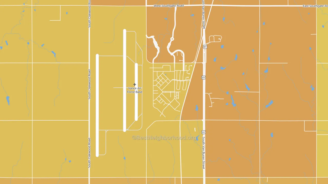 Map of the best neighborhoods in the 73705 area, with better matches in green and worse matches in red