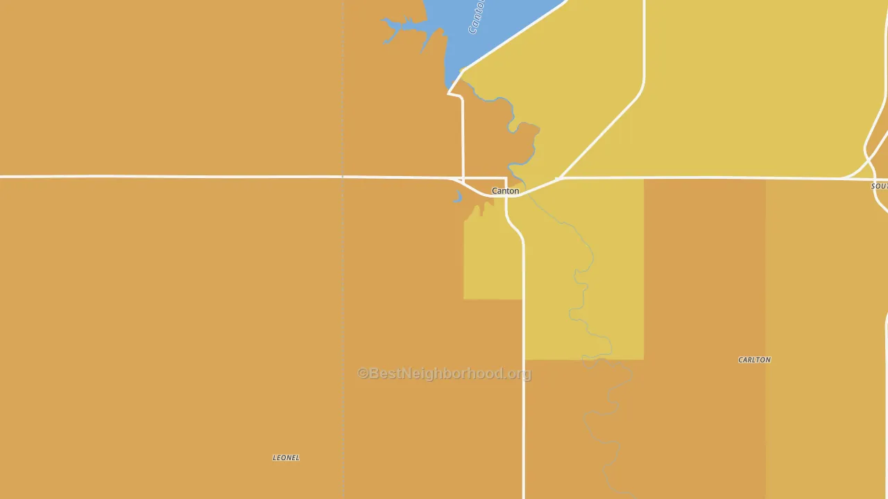 Map of the best neighborhoods in the 73724 area, with better matches in green and worse matches in red