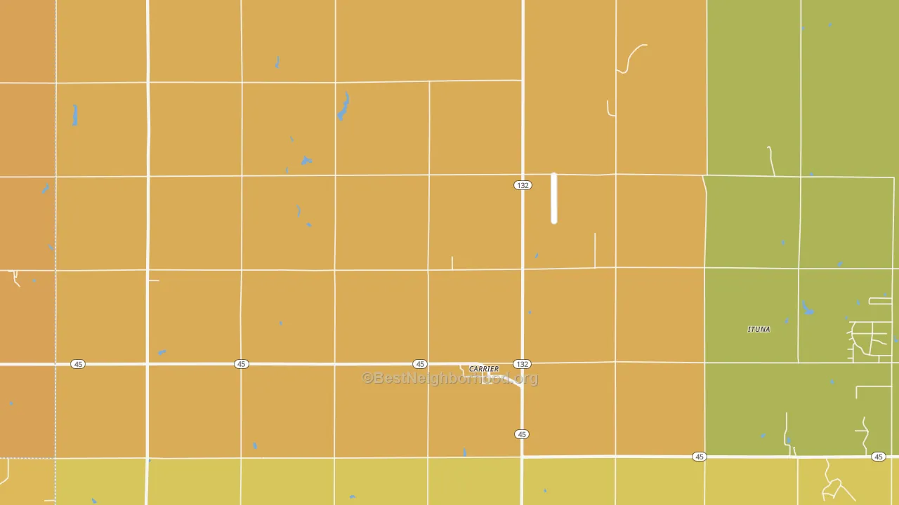 Map of the best neighborhoods in the 73727 area, with better matches in green and worse matches in red