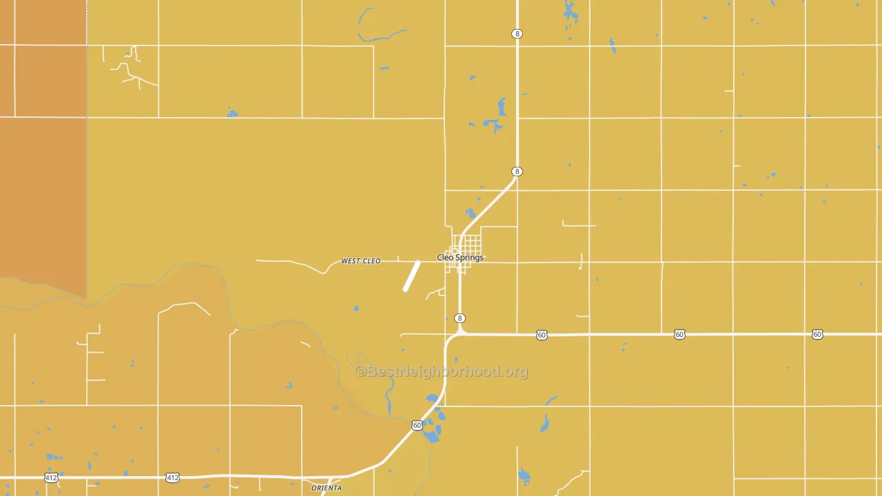 Map of the best neighborhoods in the 73729 area, with better matches in green and worse matches in red