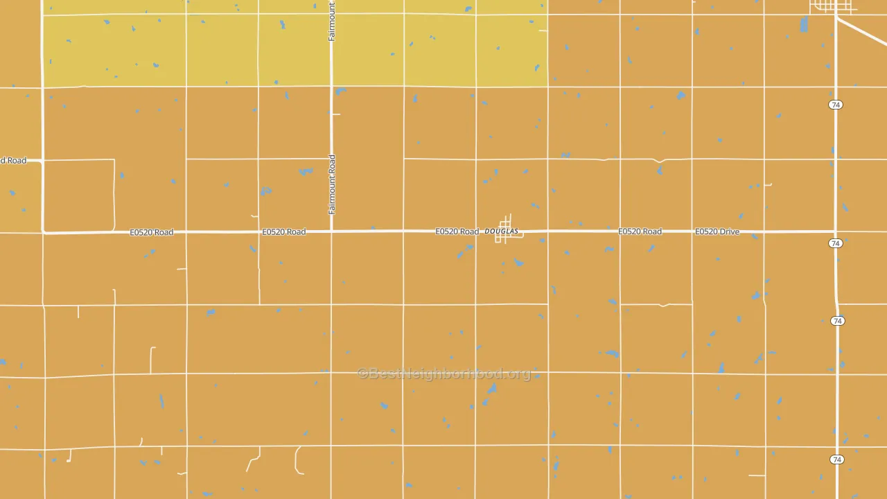Map of the best neighborhoods in the 73733 area, with better matches in green and worse matches in red