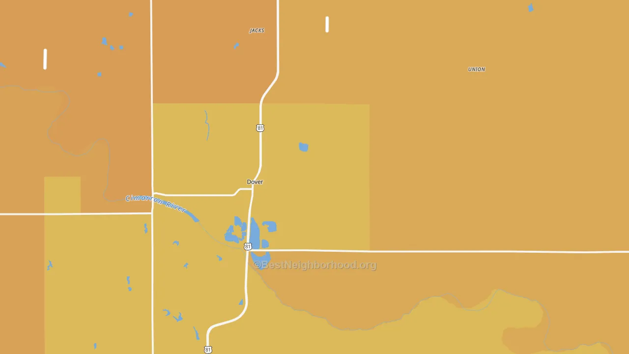 Map of the best neighborhoods in the 73734 area, with better matches in green and worse matches in red