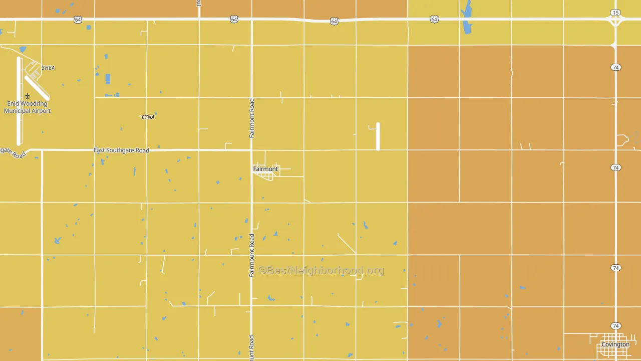 Map of the best neighborhoods in the 73736 area, with better matches in green and worse matches in red