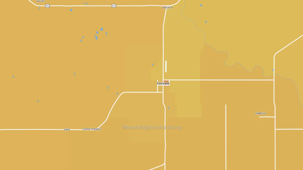 Map of the best neighborhoods in the 73737 area, with better matches in green and worse matches in red