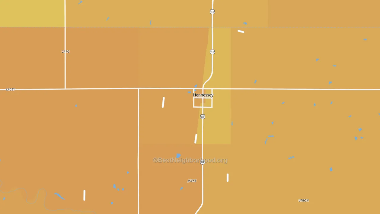 Map of the best neighborhoods in the 73742 area, with better matches in green and worse matches in red