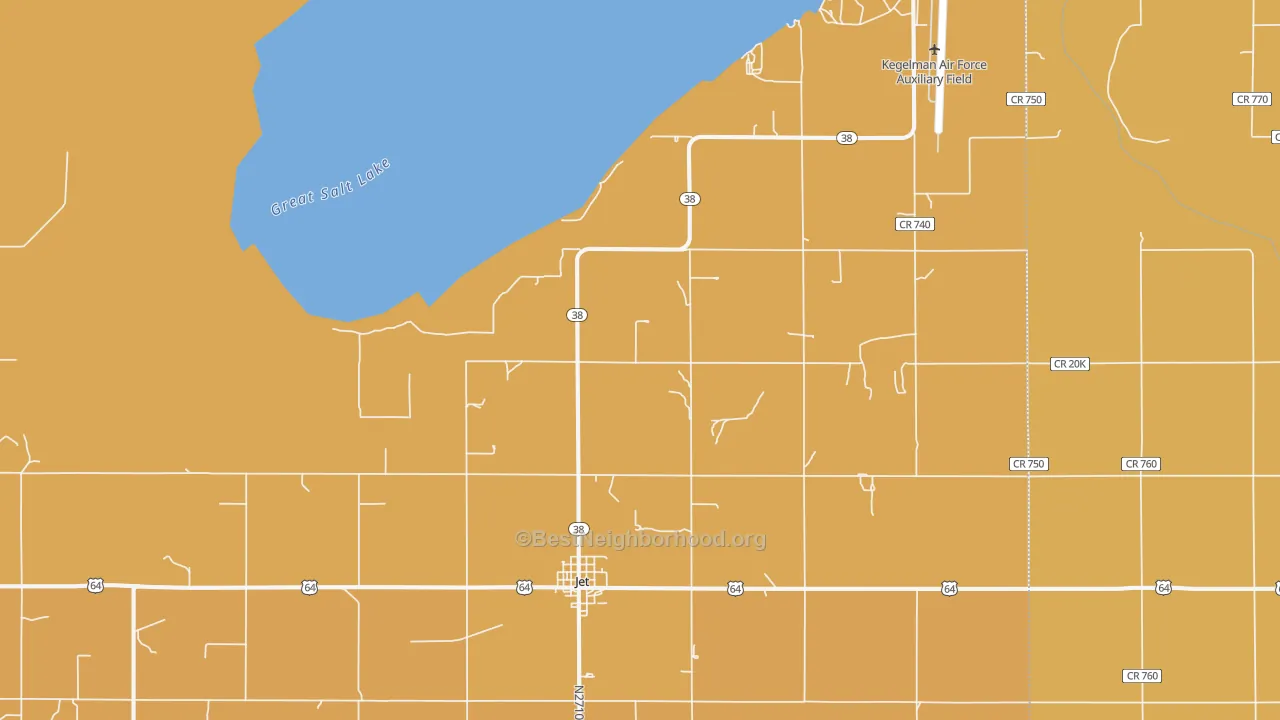 Map of the best neighborhoods in the 73749 area, with better matches in green and worse matches in red