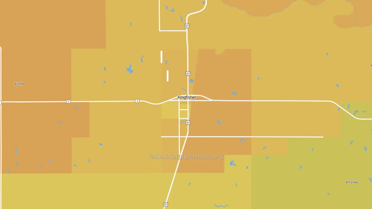 Map of the best neighborhoods in the 73750 area, with better matches in green and worse matches in red