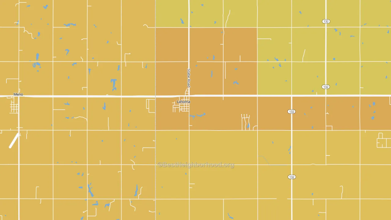 Map of the best neighborhoods in the 73754 area, with better matches in green and worse matches in red