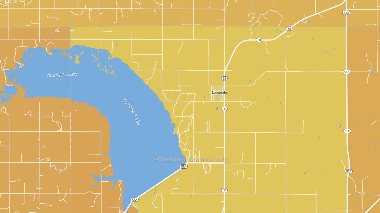 Map of the best neighborhoods in the 73755 area, with better matches in green and worse matches in red
