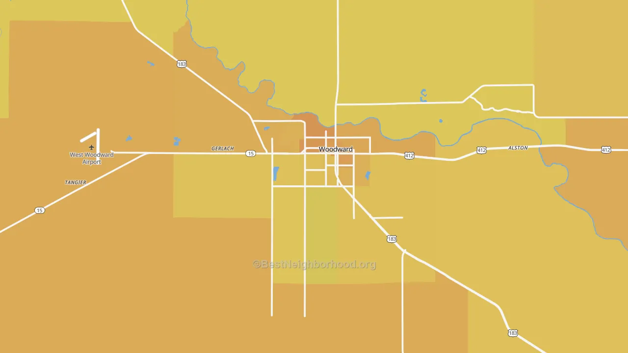 Map of the best neighborhoods in the 73801 area, with better matches in green and worse matches in red