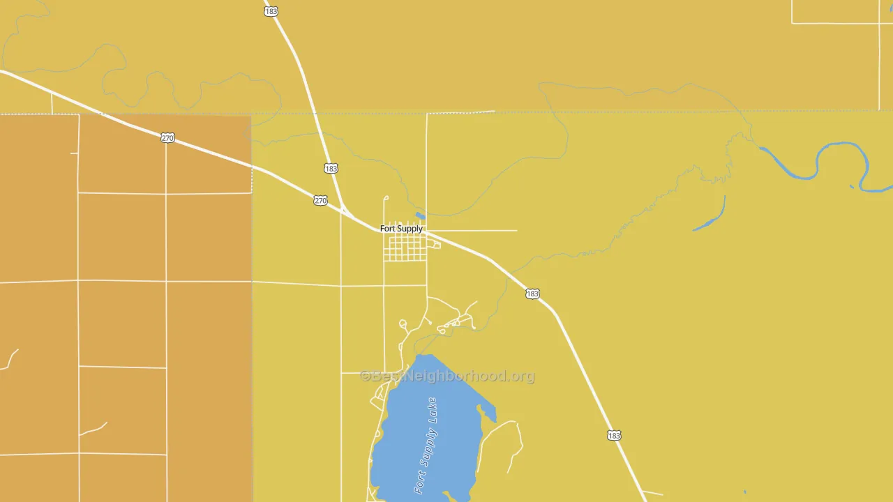 Map of the best neighborhoods in the 73841 area, with better matches in green and worse matches in red