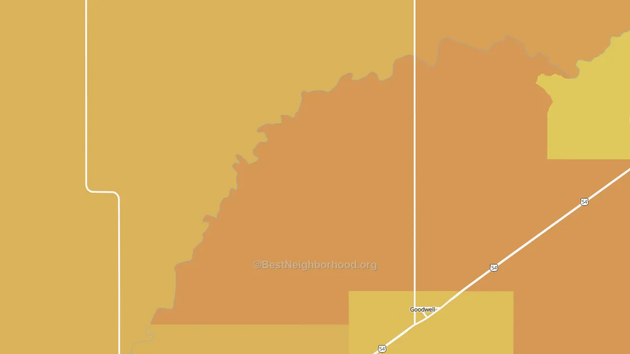 Map of the best neighborhoods in the 73939 area, with better matches in green and worse matches in red