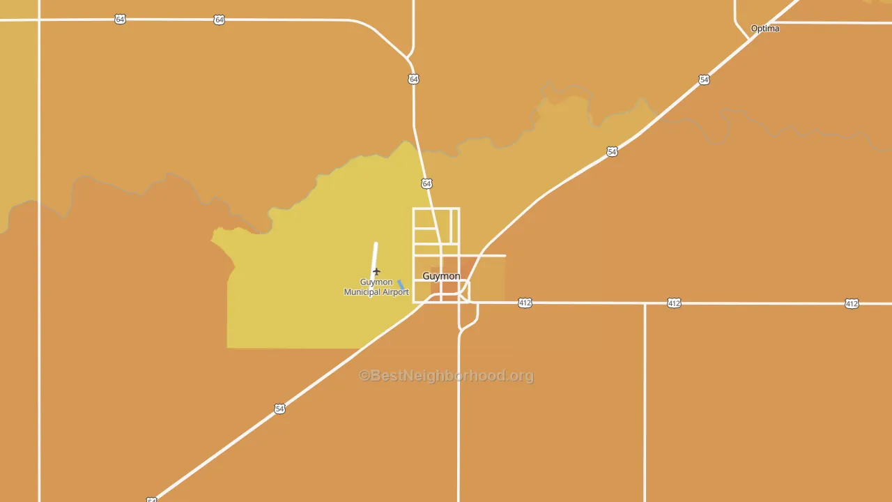 Map of the best neighborhoods in the 73942 area, with better matches in green and worse matches in red