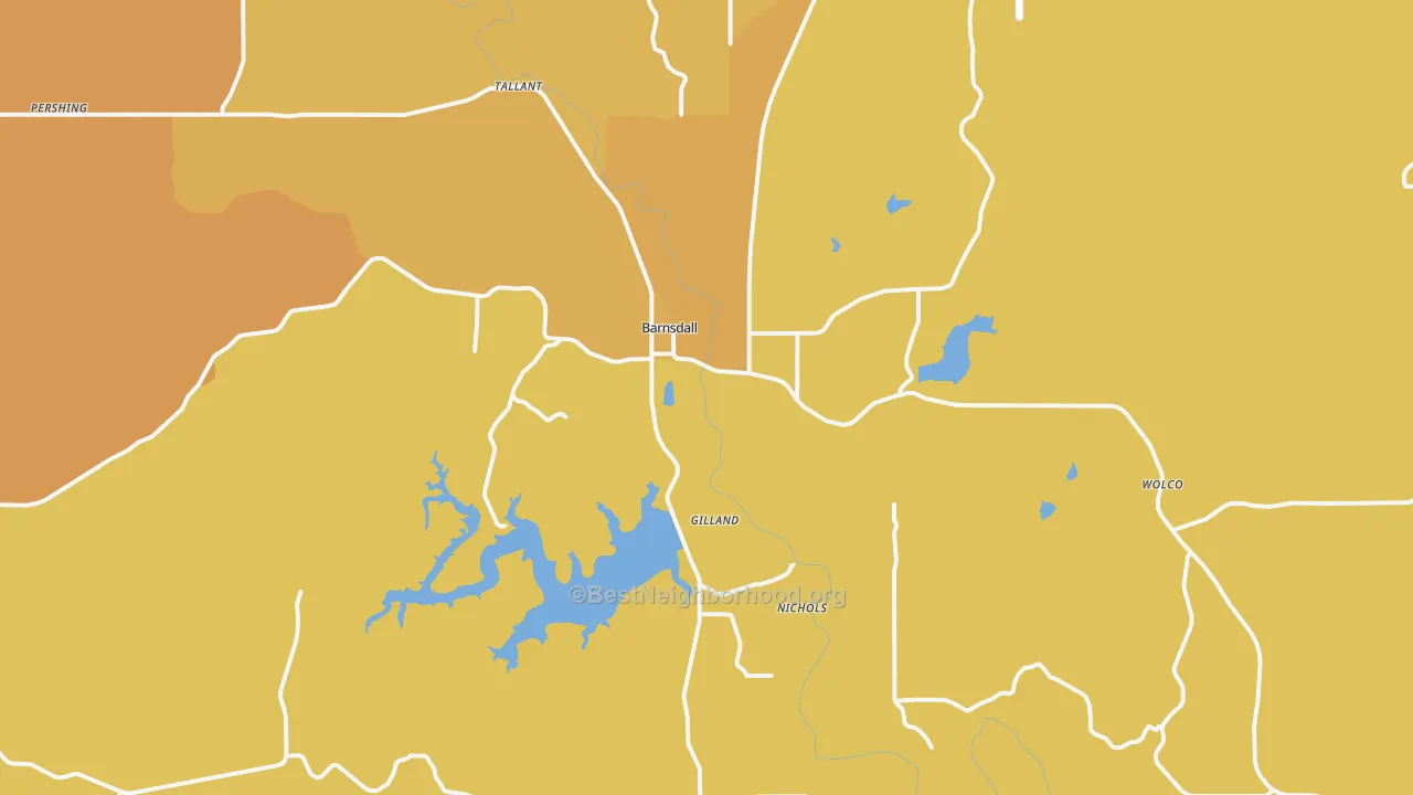 Map of the best neighborhoods in the 74002 area, with better matches in green and worse matches in red