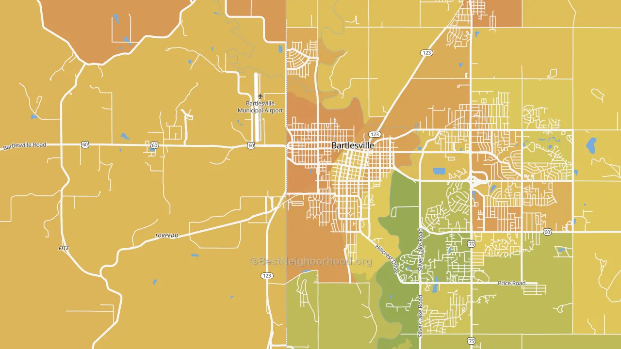 Map of the best neighborhoods in the 74003 area, with better matches in green and worse matches in red