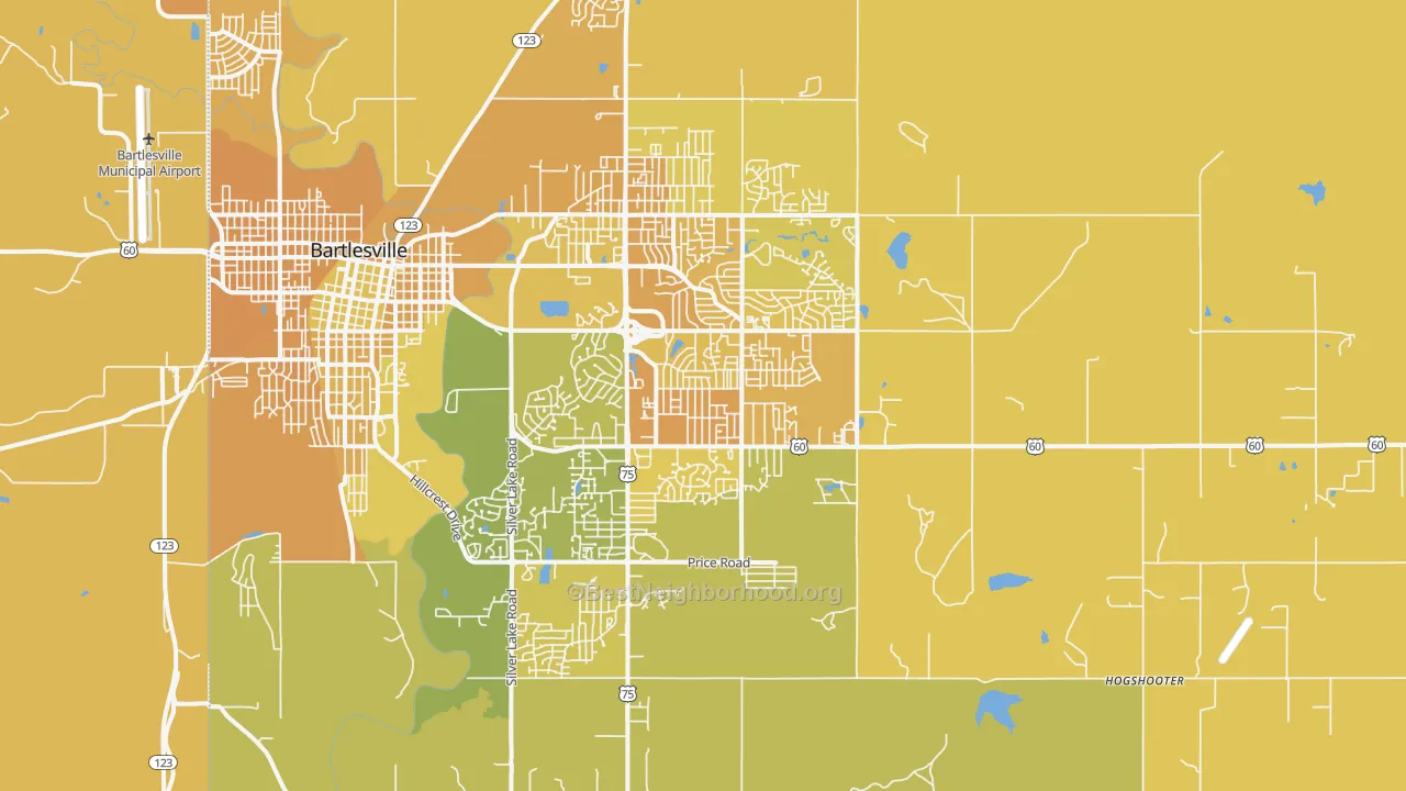 Map of the best neighborhoods in the 74006 area, with better matches in green and worse matches in red