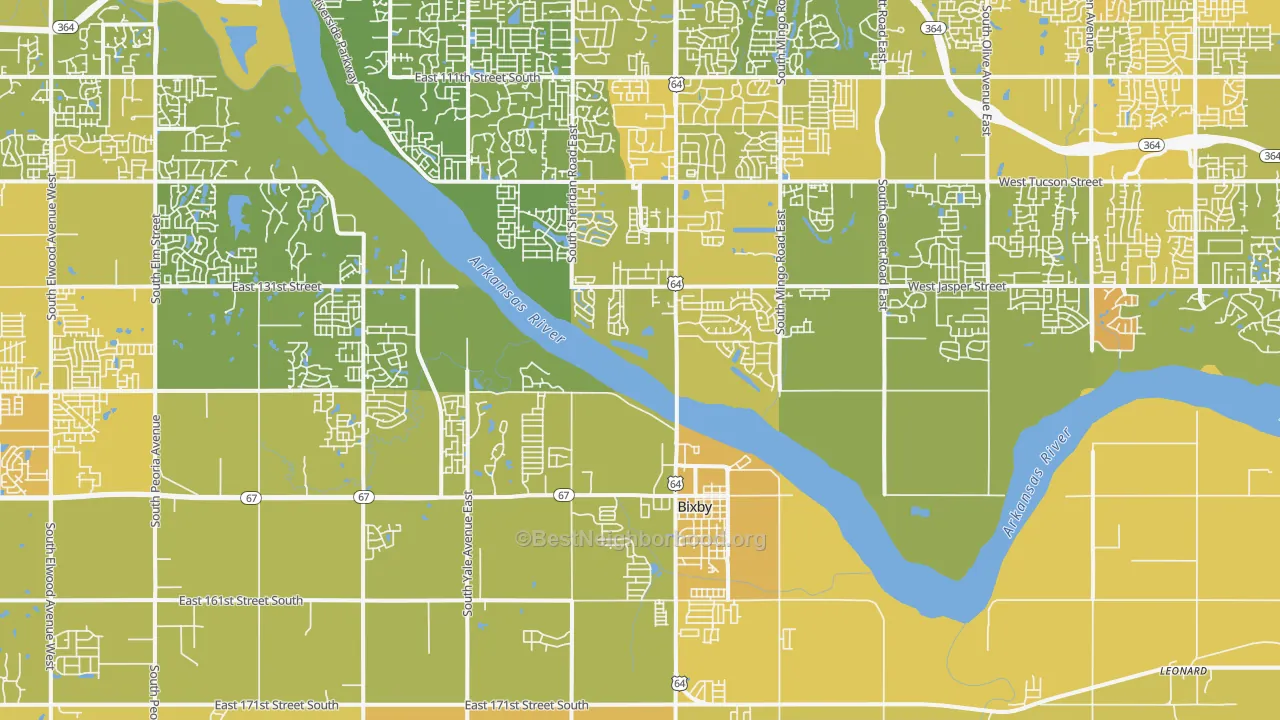Map of the best neighborhoods in the 74008 area, with better matches in green and worse matches in red