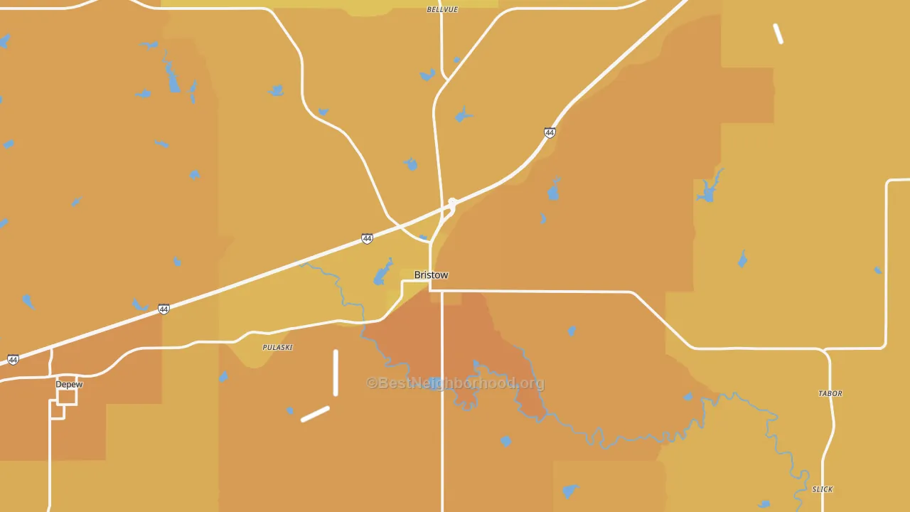 Map of the best neighborhoods in the 74010 area, with better matches in green and worse matches in red