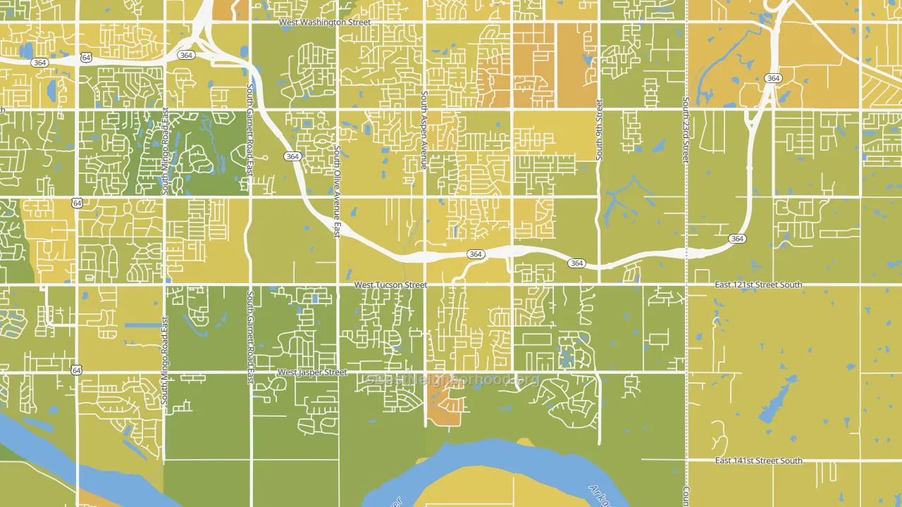 Map of the best neighborhoods in the 74011 area, with better matches in green and worse matches in red