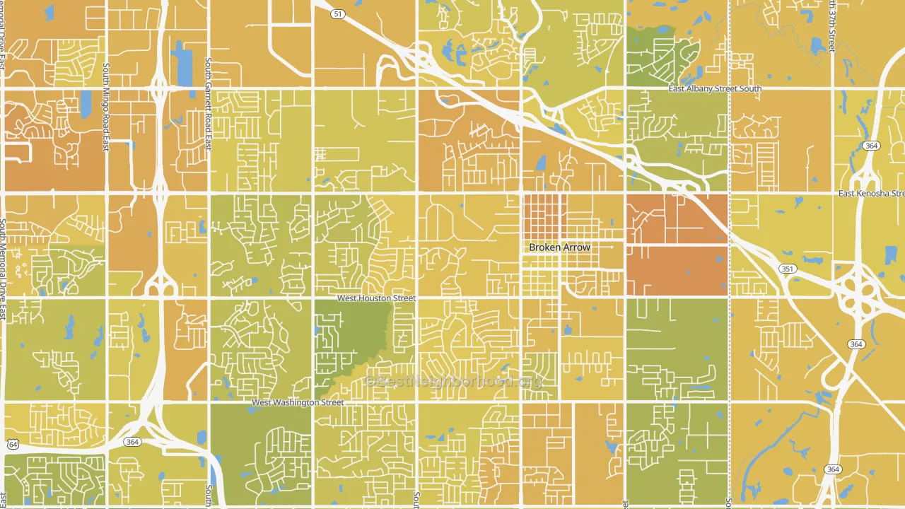 Map of the best neighborhoods in the 74012 area, with better matches in green and worse matches in red