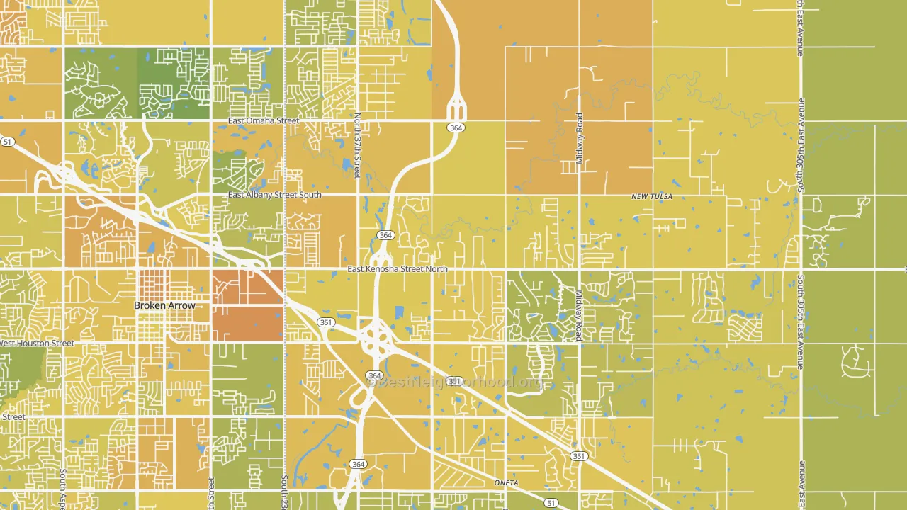Map of the best neighborhoods in the 74014 area, with better matches in green and worse matches in red